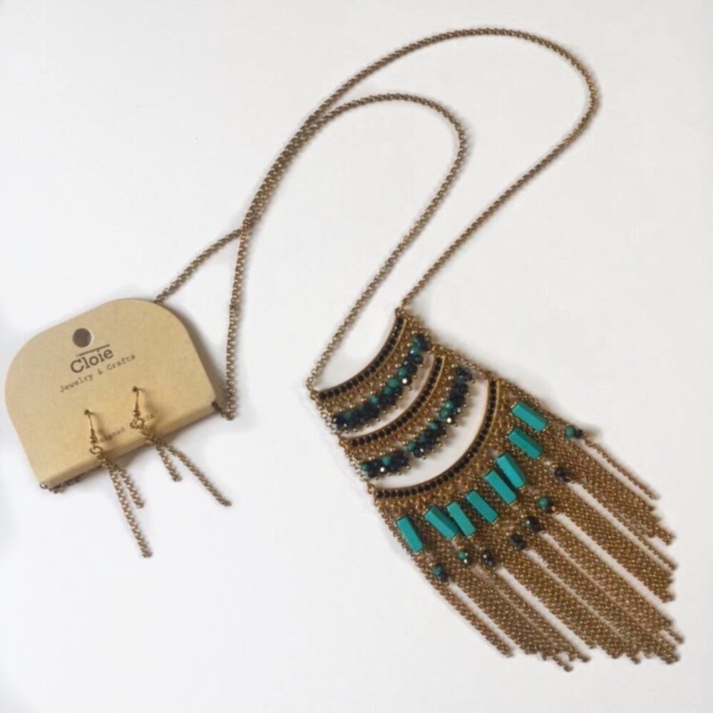 Long Gold Turquoise Fringe Necklace